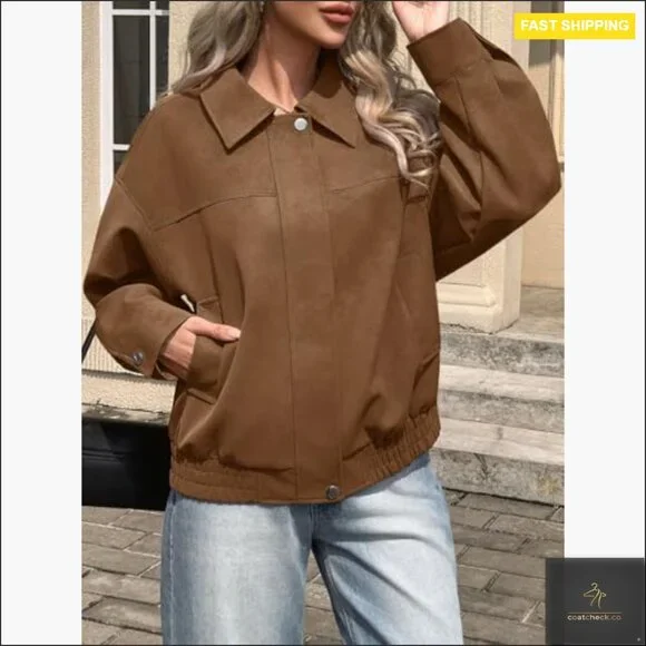 Faux Suede Motorcycle Jacket Oversized Zip Up Bomber Coat Women's Outerwear - Picture 4 of 7